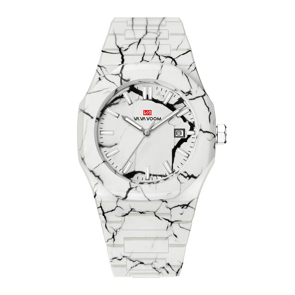 White marble-patterned luxury watch with date display and bold sport-inspired design