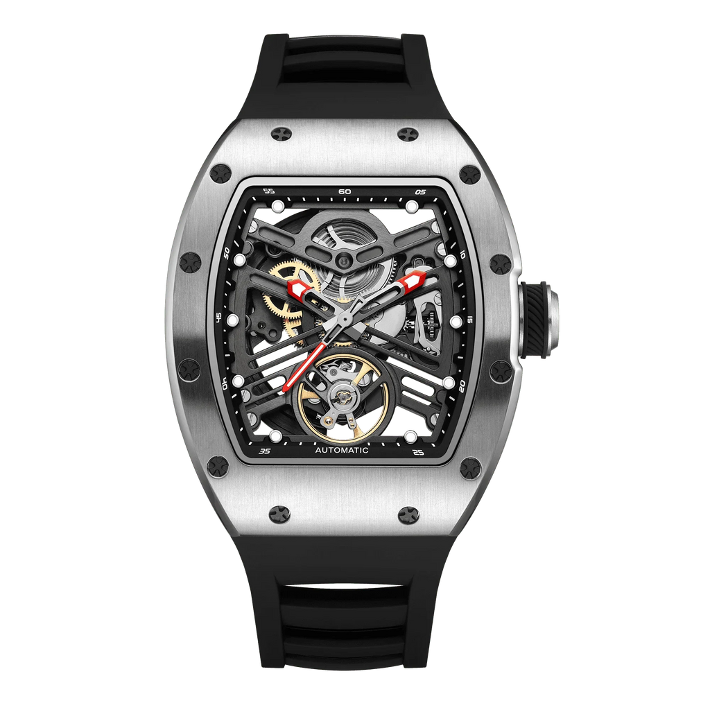 Luxury skeleton automatic watch with visible gears, tonneau case, and black rubber strap