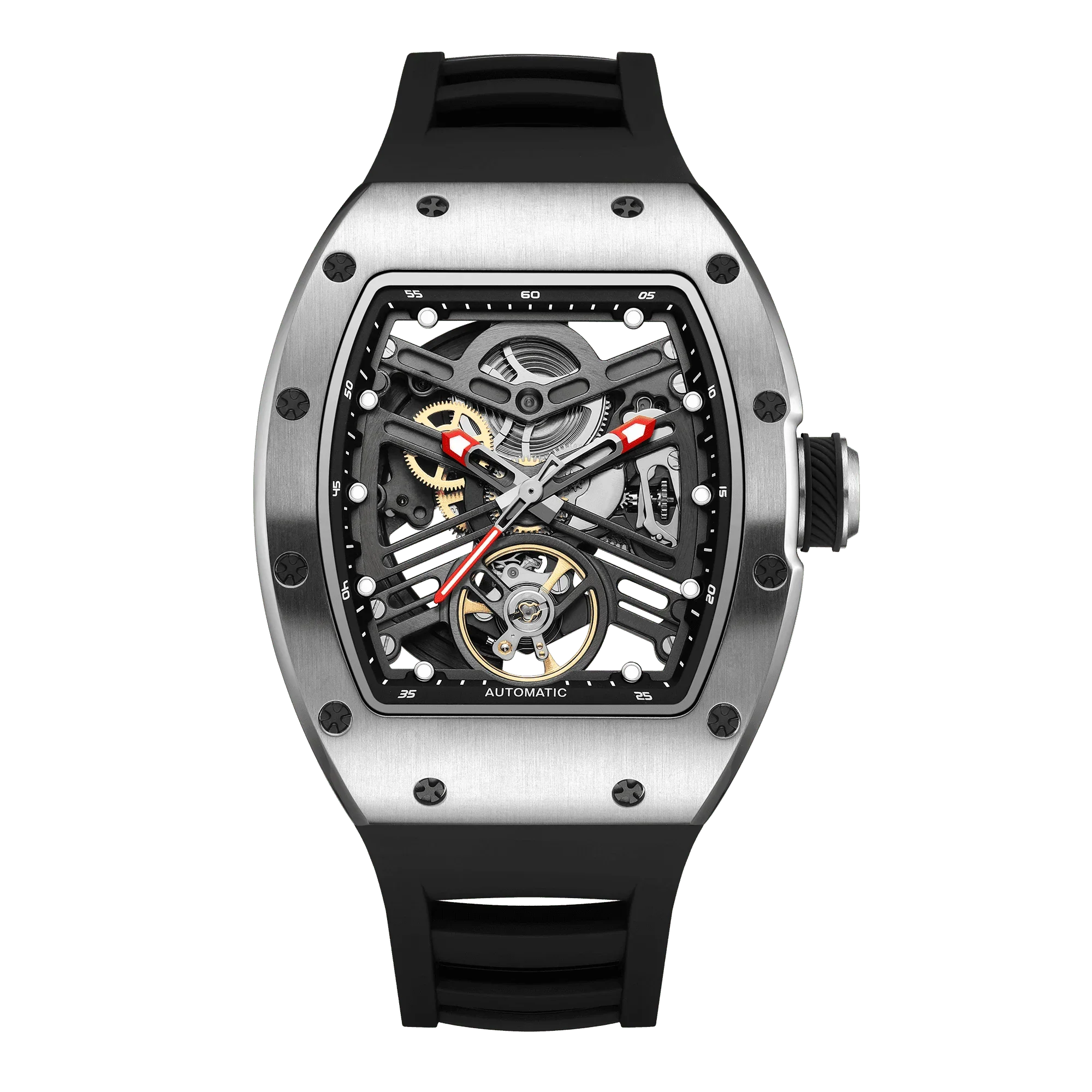 Luxury skeleton automatic watch with visible gears, tonneau case, and black rubber strap