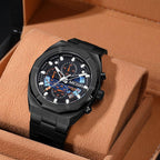 Black sport-luxury chronograph watch with bold dial, racing-inspired design, in display box