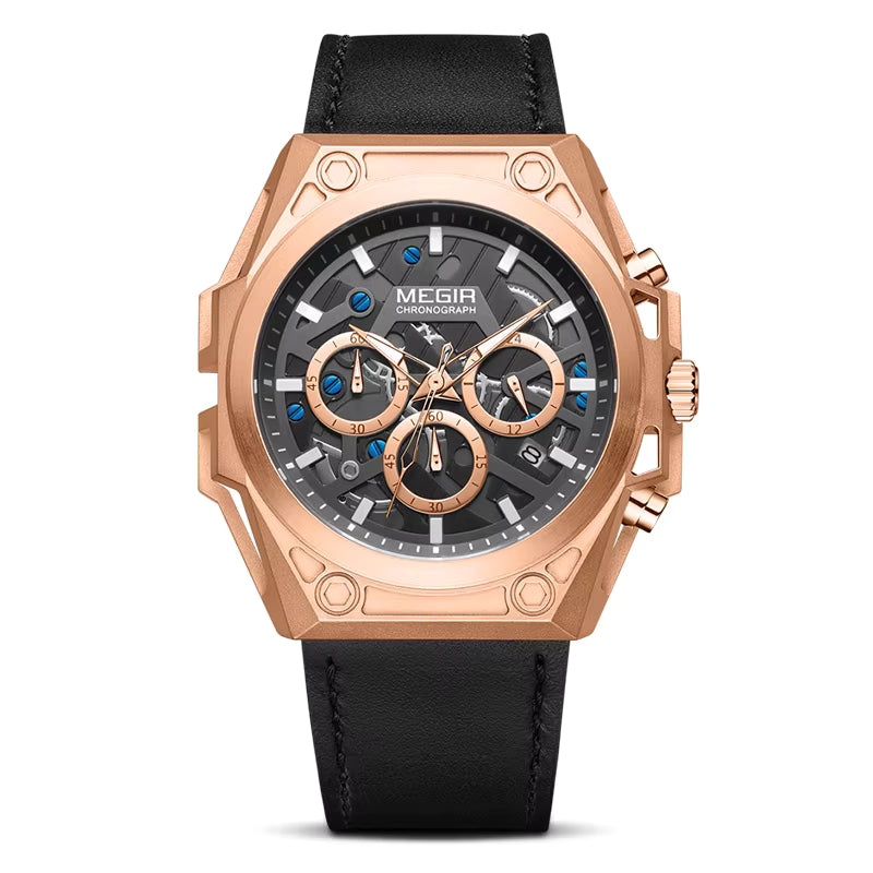 Rose gold chronograph watch with black dial, blue accents, and leather strap — motorsport-inspired luxury timepiece