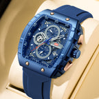 Blue luxury chronograph watch with bold design, motorsport-inspired case, and rubber strap on cream leather