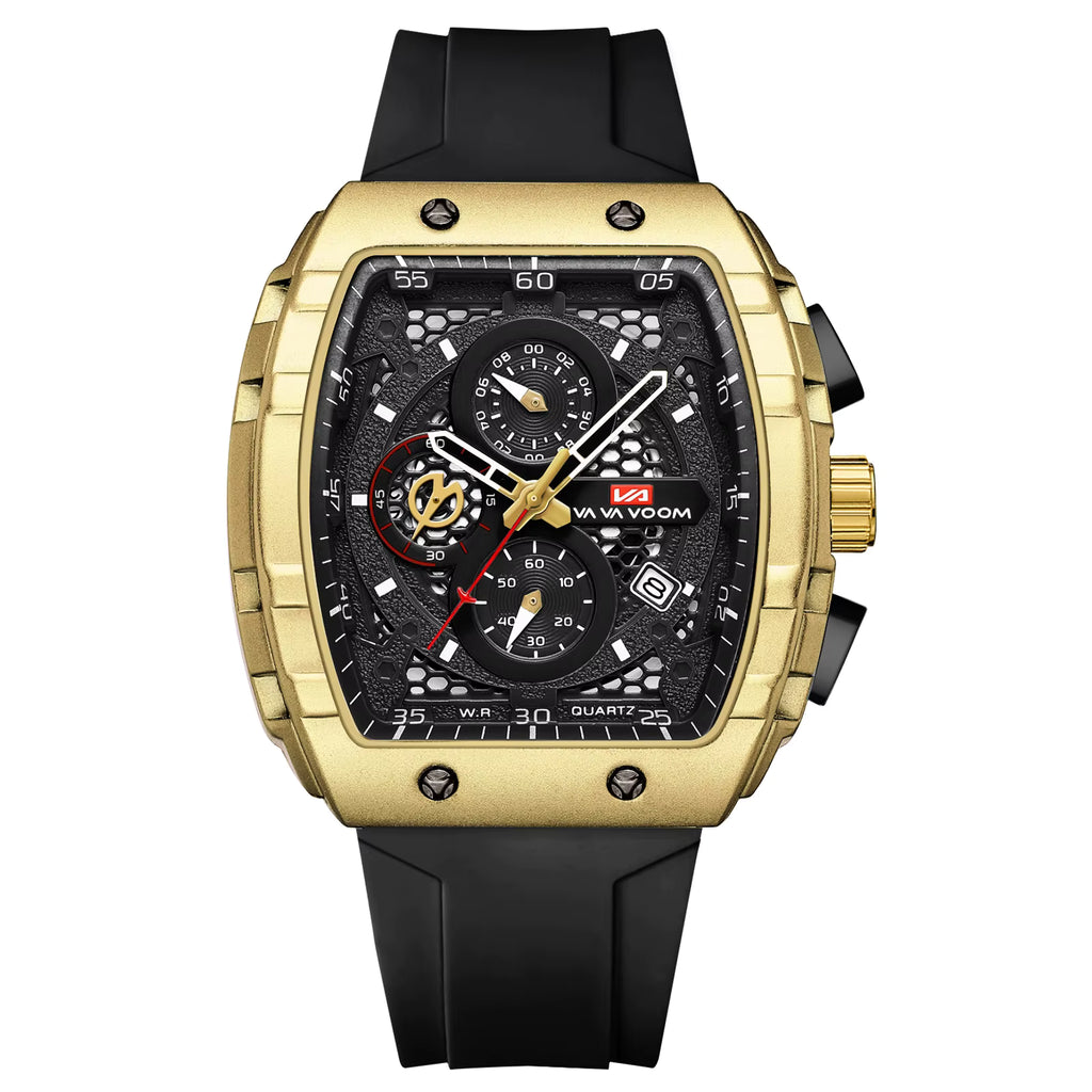 Gold and black luxury chronograph watch with bold motorsport design, hexagon dial, and rubber strap