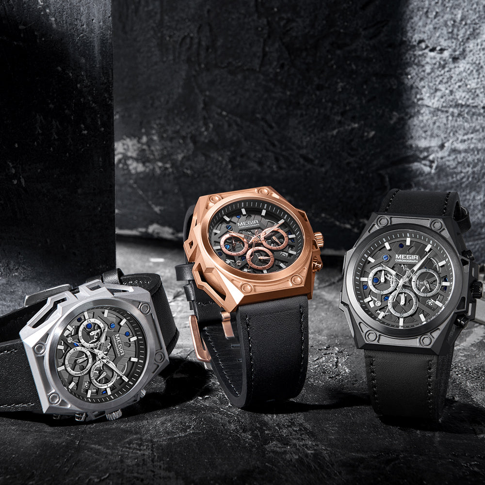 Luxury chronograph watches with bold motorsport design, carbon fiber cases, and black leather straps