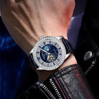 Luxury racing-inspired watch with blue starry dial, gemstone bezel, and leather strap on wrist