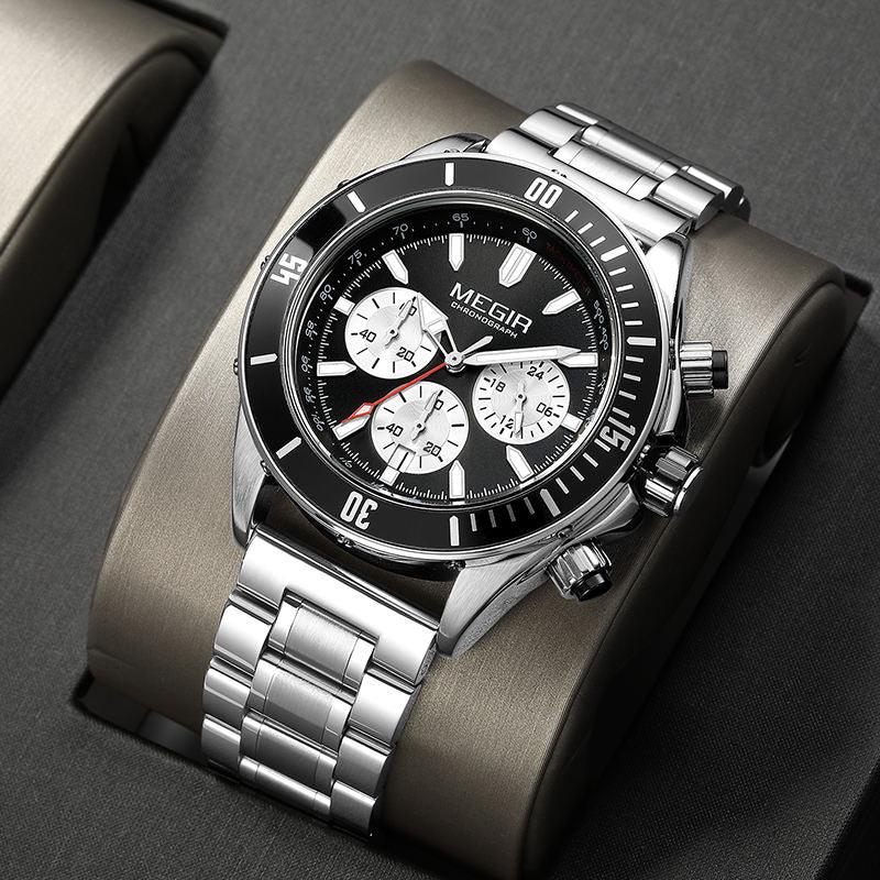 Luxury motorsport-inspired chronograph watch with steel bracelet and bold racing dial