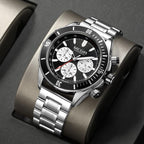 Luxury motorsport-inspired chronograph watch with steel bracelet and bold racing dial