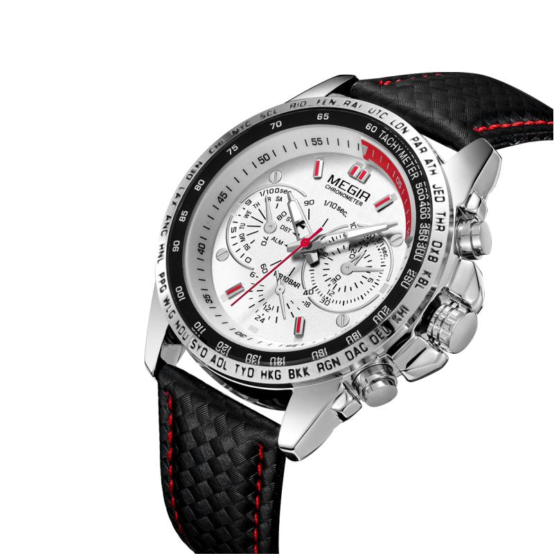 Luxury chronograph watch with carbon fiber strap, tachymeter bezel, and bold motorsport design for everyday wear
