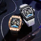 Two racing-inspired luxury tonneau watches with skeleton dials, visible gears, and bold cases