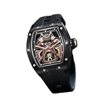 Luxury motorsport-inspired skeleton watch with black case, rose gold detailing, and rubber strap