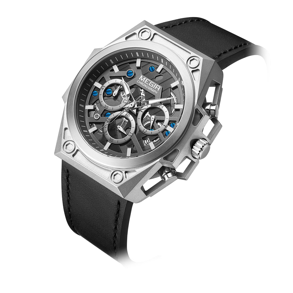 Luxury chronograph watch with skeleton dial, blue accents, and black leather strap — motorsport-inspired design