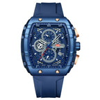 Blue sport chronograph watch with skeleton dial, rose gold accents, and rubber strap for bold everyday wear