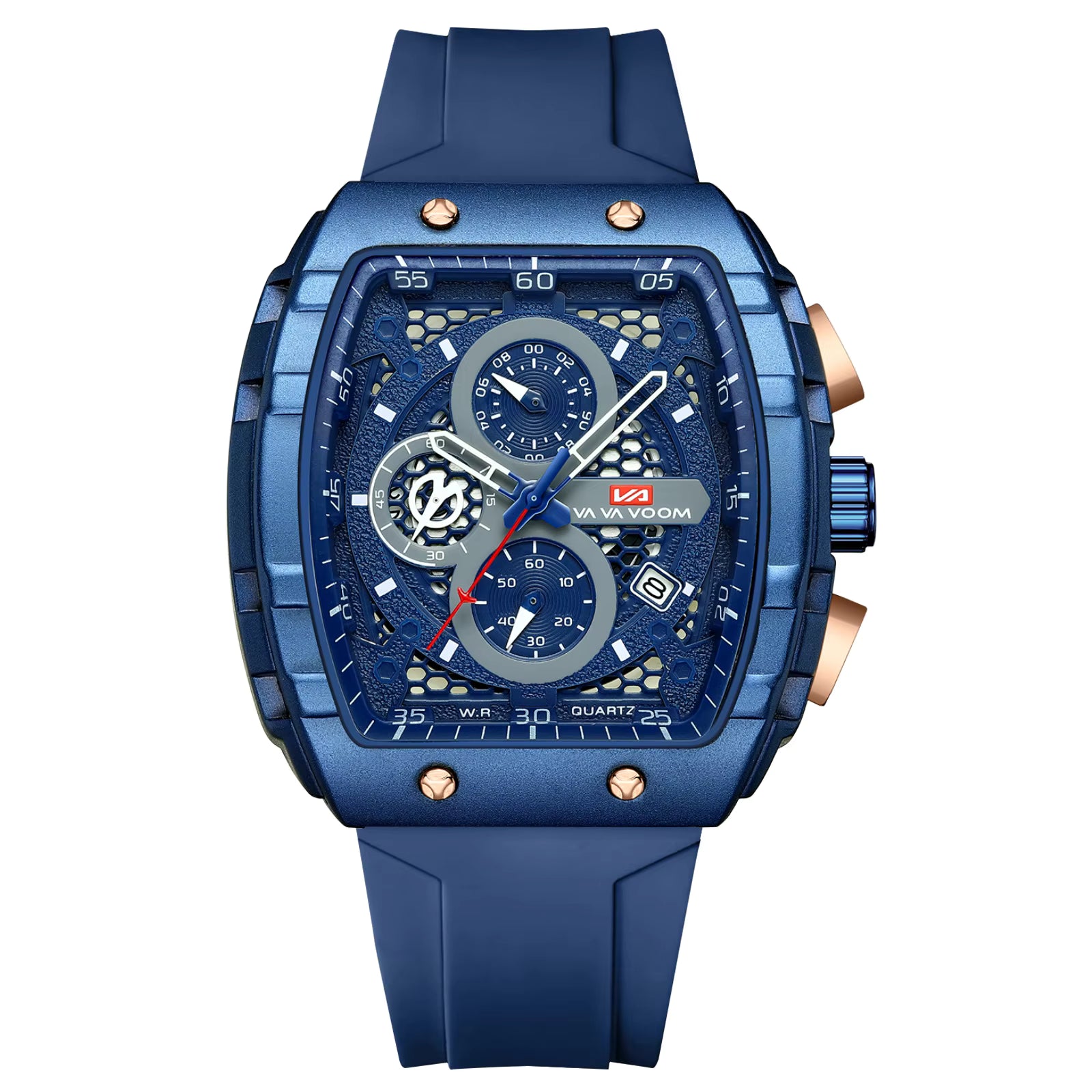 Blue sport chronograph watch with skeleton dial, rose gold accents, and rubber strap for bold everyday wear