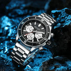 Luxury sport chronograph watch with black bezel, steel band, and bold racing-inspired design