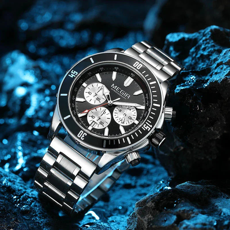 Luxury sport chronograph watch with black bezel, steel band, and bold racing-inspired design