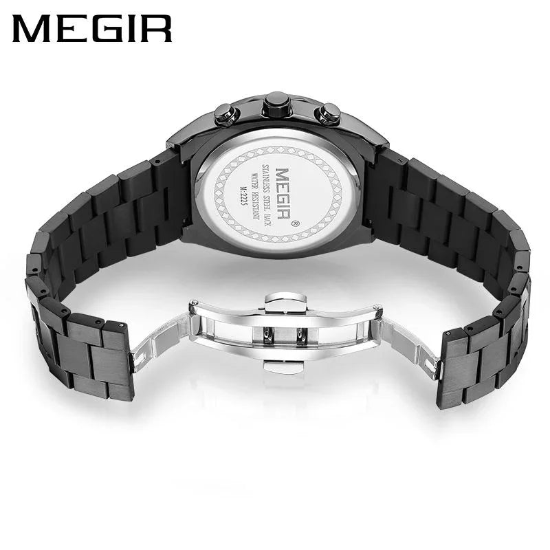 Back view of black stainless steel racing-inspired chronograph watch with open clasp