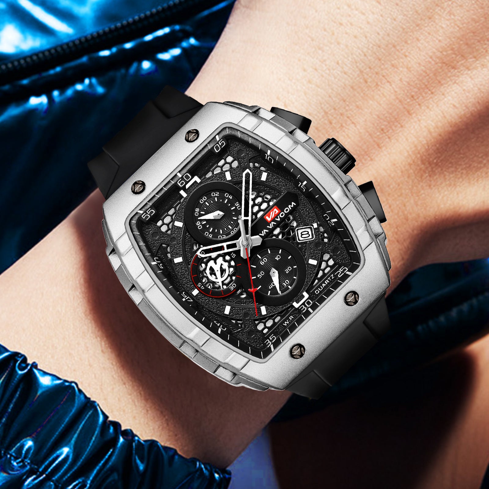 Luxury sport chronograph watch with bold design, carbon fiber case, and racing-inspired dial on wrist