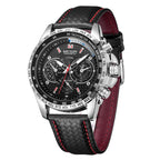 Luxury chronograph watch with black dial, red accents, and textured leather strap — motorsport-inspired design