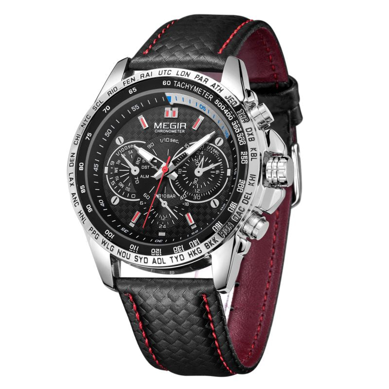 Luxury chronograph watch with black dial, red accents, and textured leather strap — motorsport-inspired design