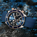 Luxury blue chronograph watch with bold dial, blue rubber strap, inspired by motorsport design
