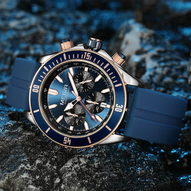 Luxury blue chronograph watch with bold dial, blue rubber strap, inspired by motorsport design