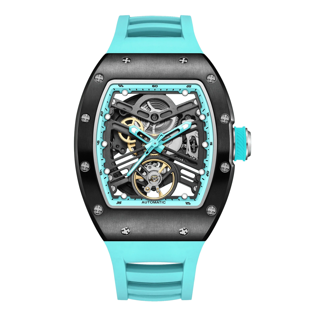 Motorsport-inspired skeleton luxury watch with turquoise strap and carbon fiber case