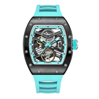 Motorsport-inspired skeleton luxury watch with turquoise strap and carbon fiber case