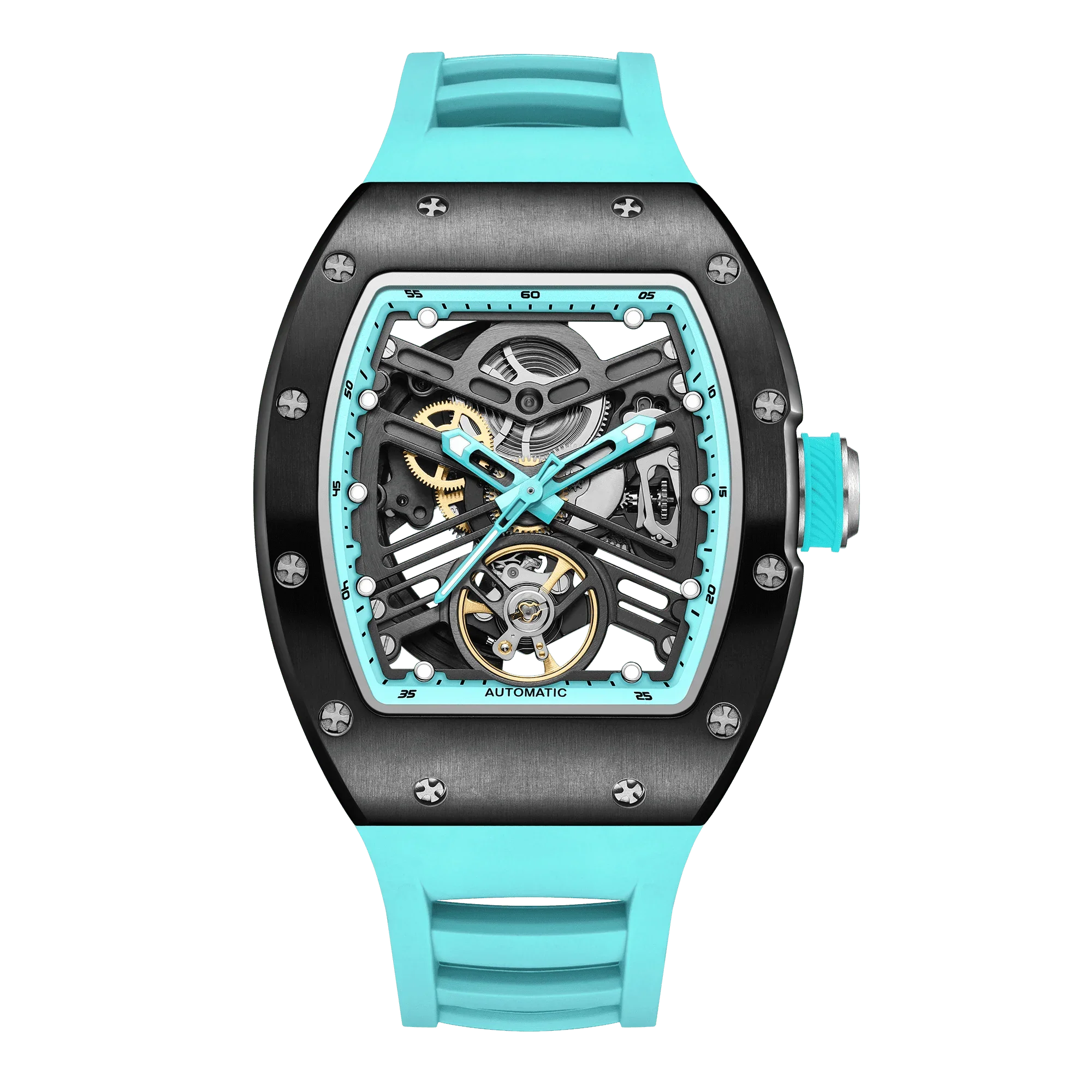 Motorsport-inspired skeleton luxury watch with turquoise strap and carbon fiber case