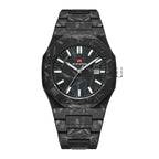 Luxury sport-inspired black carbon fiber wristwatch with bold face and date display