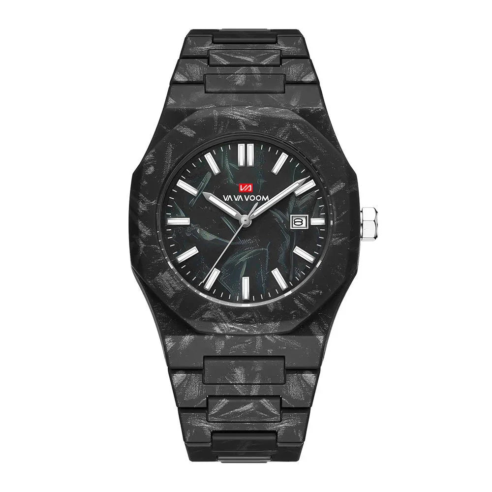 Luxury sport-inspired black carbon fiber wristwatch with bold face and date display