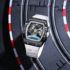 Luxury motorsport-inspired skeleton watch with black bezel, white strap, and detailed dial