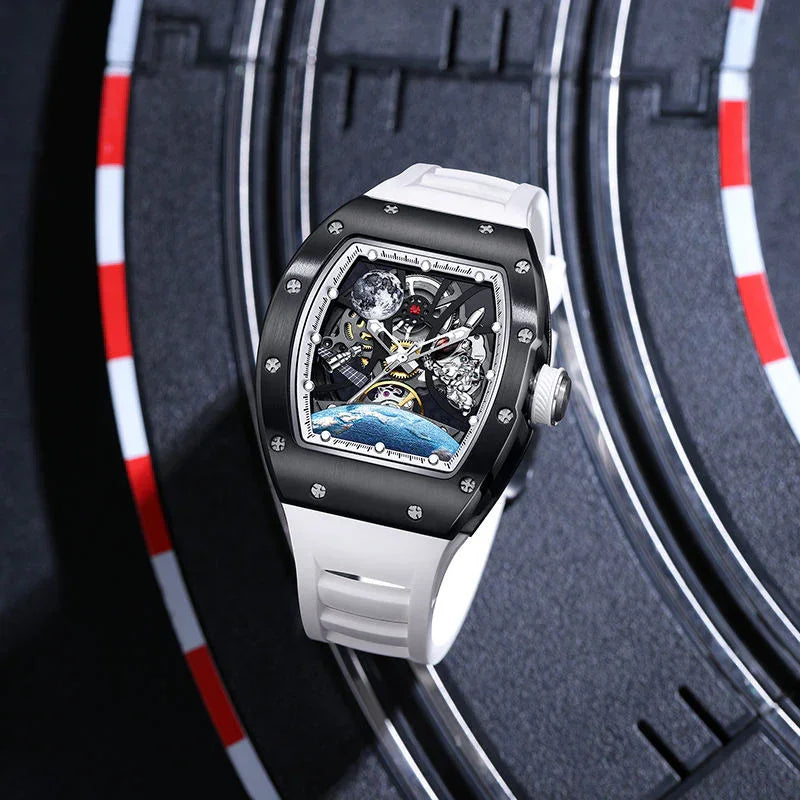 Luxury motorsport-inspired skeleton watch with black bezel, white strap, and detailed dial