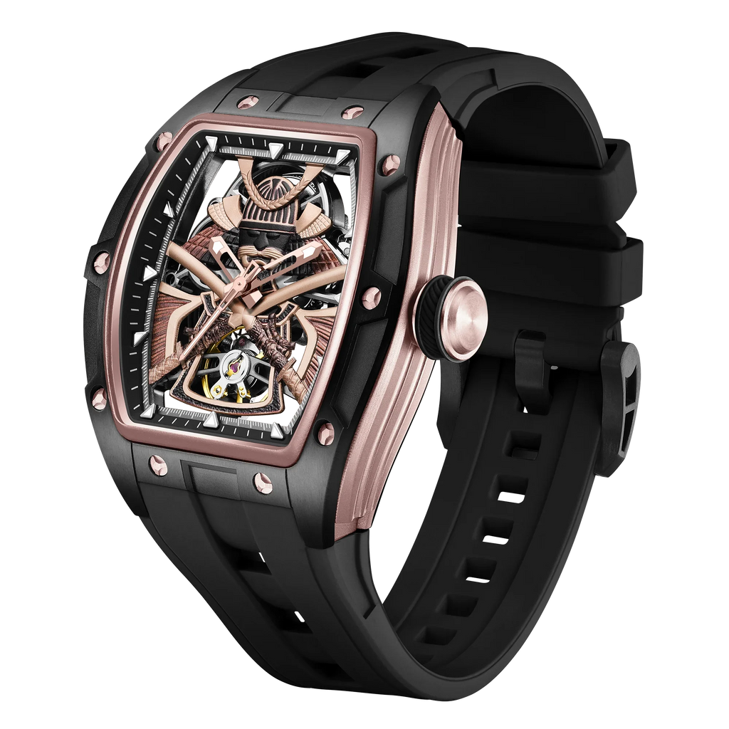 Motorsport-inspired luxury watch with skeleton dial, rose gold-toned case, and black rubber strap