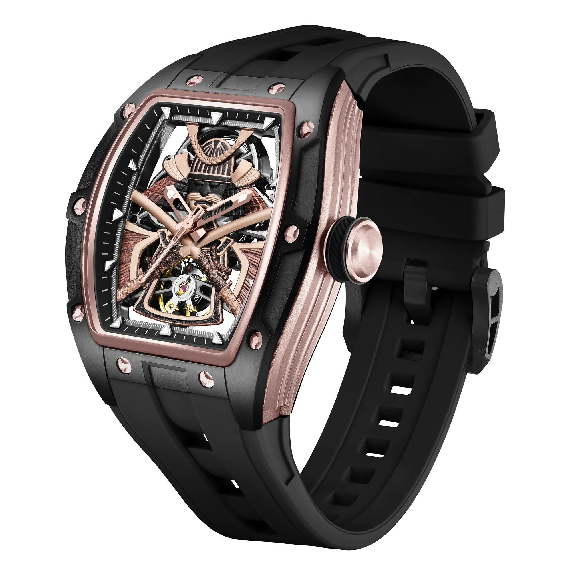 Motorsport-inspired luxury watch with skeleton dial, rose gold-toned case, and black rubber strap