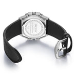 Machined stainless steel watch back with black leather strap, motorsport-inspired luxury timepiece design