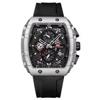 Luxury chronograph watch with bold square case, black rubber strap, and racing-inspired design for everyday wear