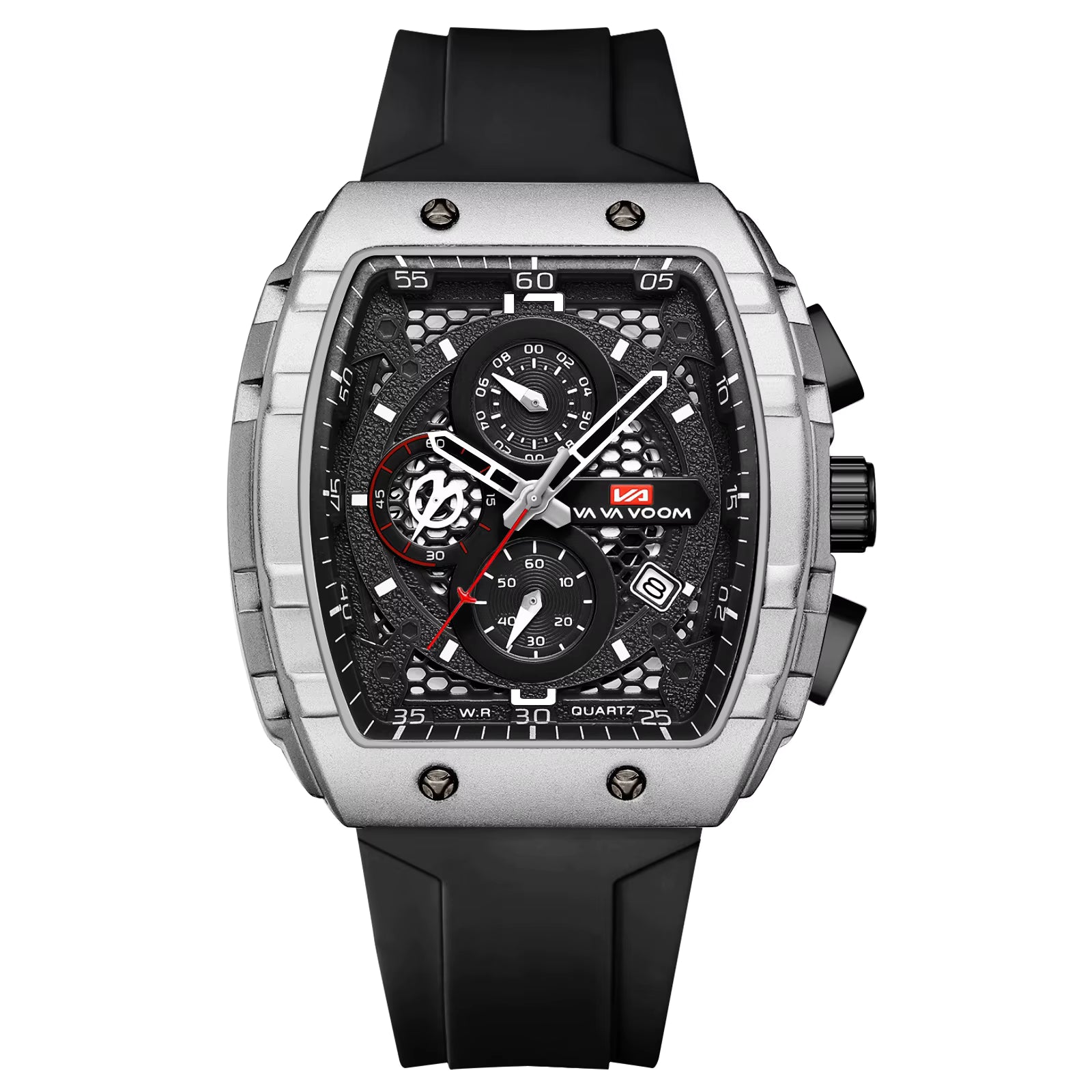 Luxury chronograph watch with bold square case, black rubber strap, and racing-inspired design for everyday wear