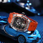 Motorsport-inspired luxury watch with orange strap and skeleton dial on model sports car