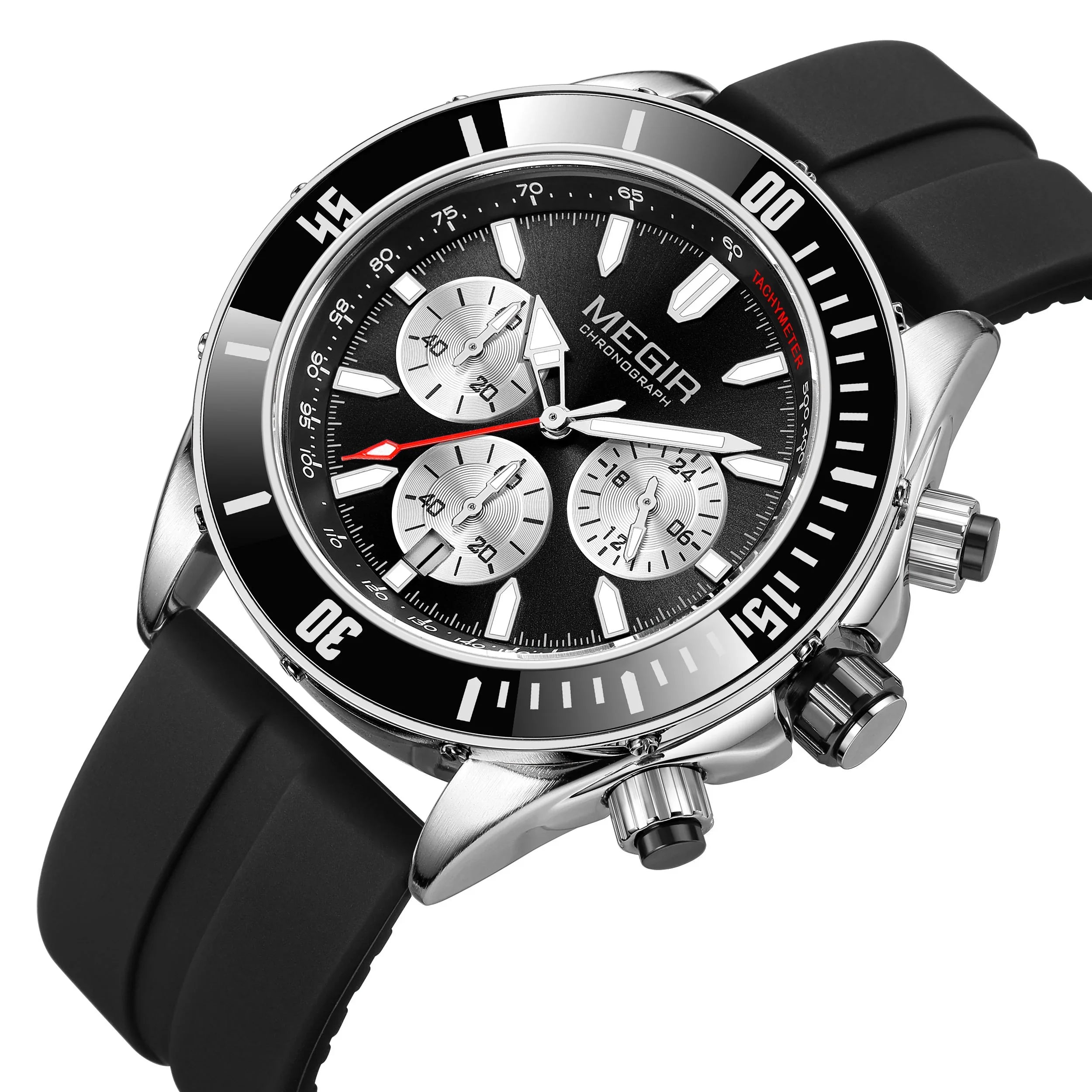 Sport-luxury chronograph watch with black dial, silver subdials, and black rubber strap