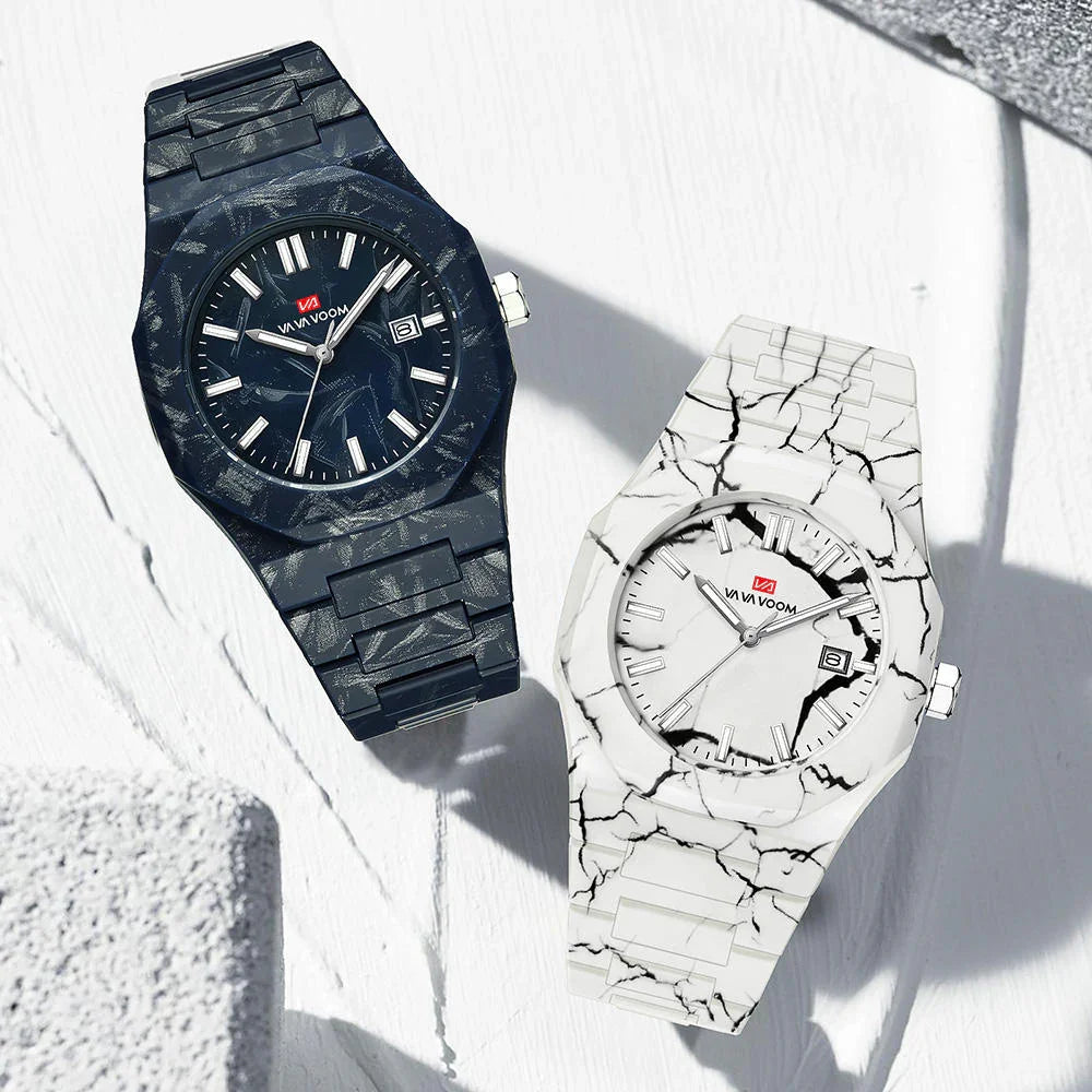 Motorsport-inspired luxury watches with black and white marble-patterned cases and bold dials