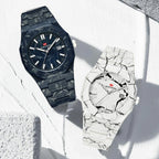 Motorsport-inspired luxury watches with black and white marble-patterned cases and bold dials
