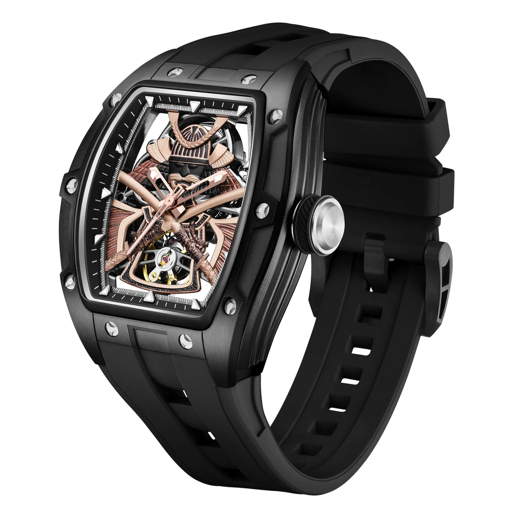 Skeleton dial luxury motorsport-inspired watch with black case and strap, bold mechanical design
