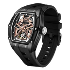 Skeleton dial luxury motorsport-inspired watch with black case and strap, bold mechanical design