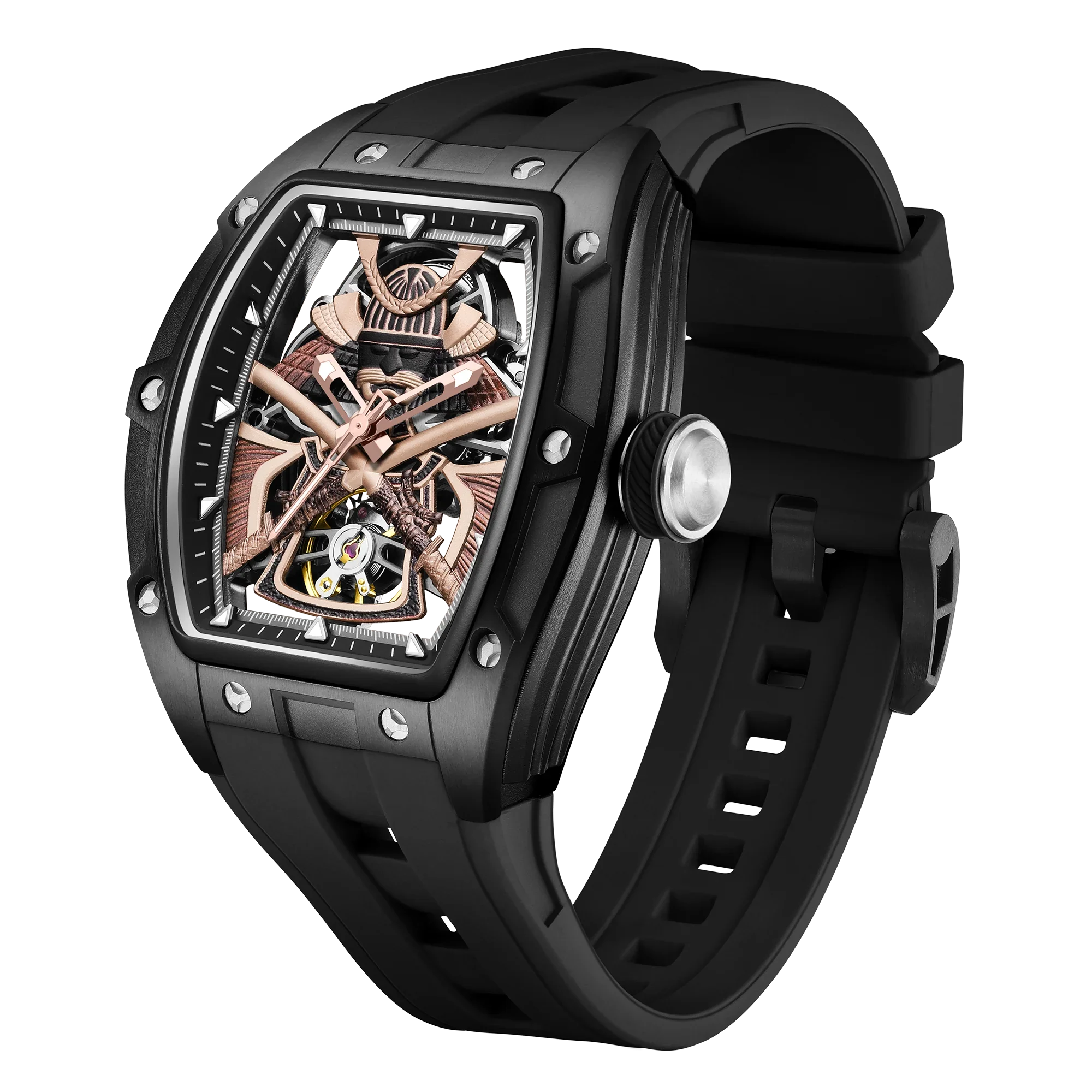 Skeleton dial luxury motorsport-inspired watch with black case and strap, bold mechanical design