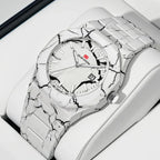White marble-pattern motorsport-inspired luxury watch with date display on cushion