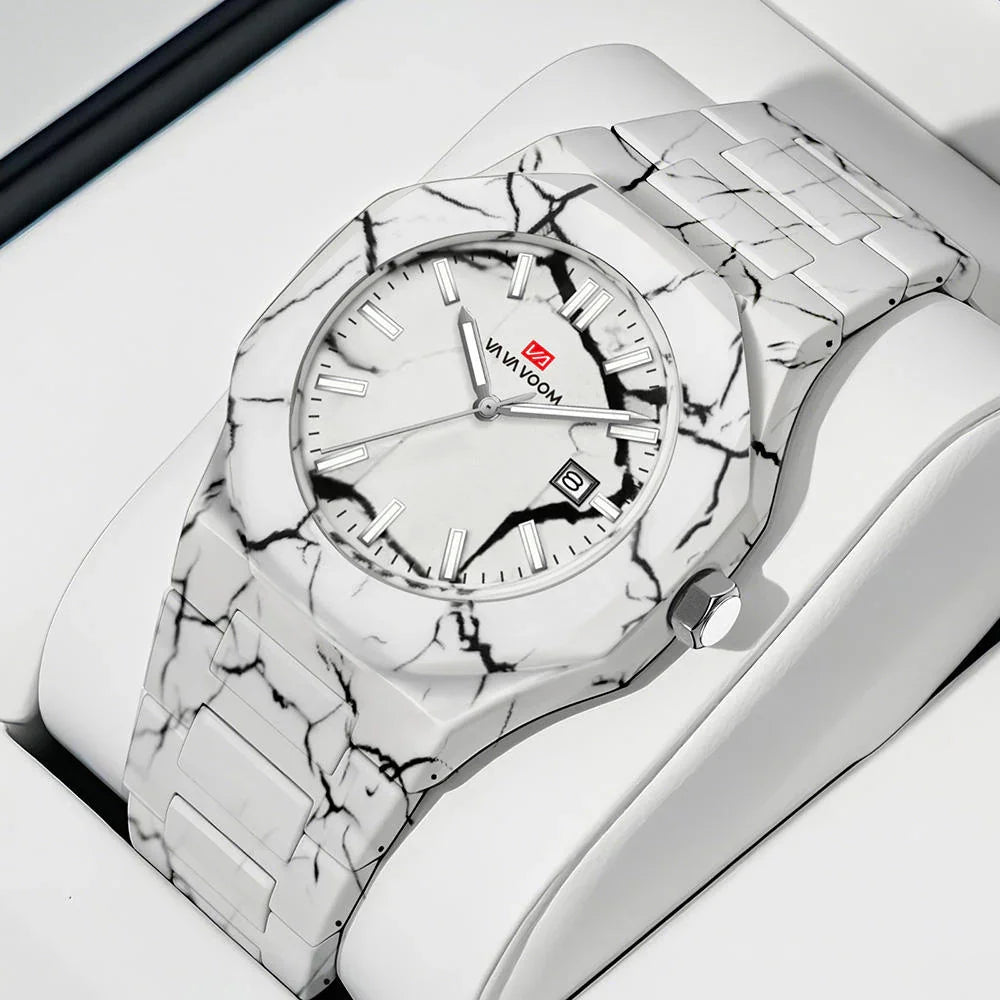 White marble-pattern motorsport-inspired luxury watch with date display on cushion