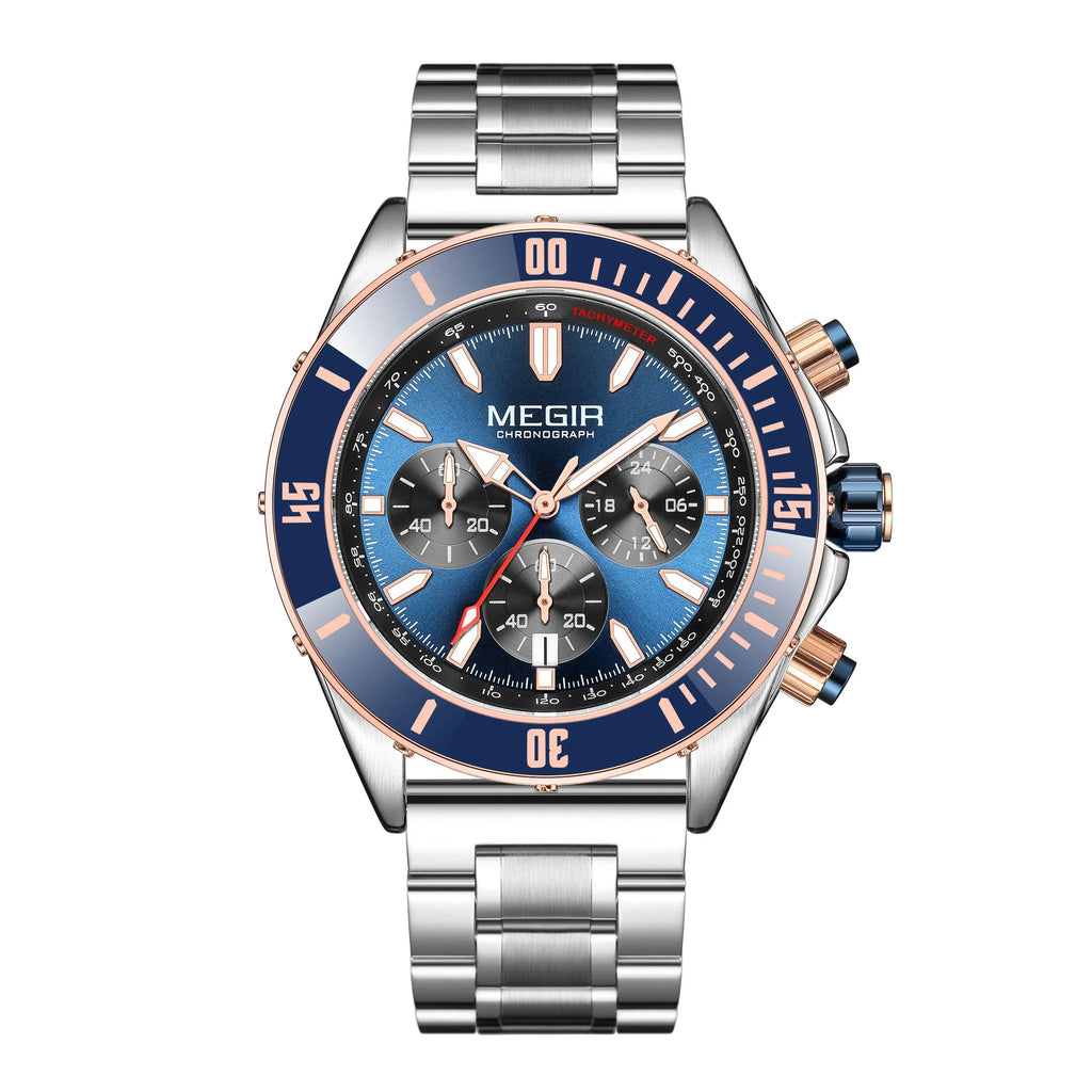 Luxury motorsport-inspired chronograph watch with blue dial, silver band, and bold accents
