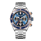 Luxury motorsport-inspired chronograph watch with blue dial, silver band, and bold accents