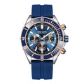 Blue racing-inspired chronograph watch with bold dial, tachymeter, and sport-luxury design