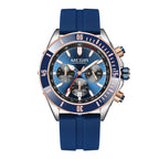 Blue racing-inspired chronograph watch with bold dial, tachymeter, and sport-luxury design